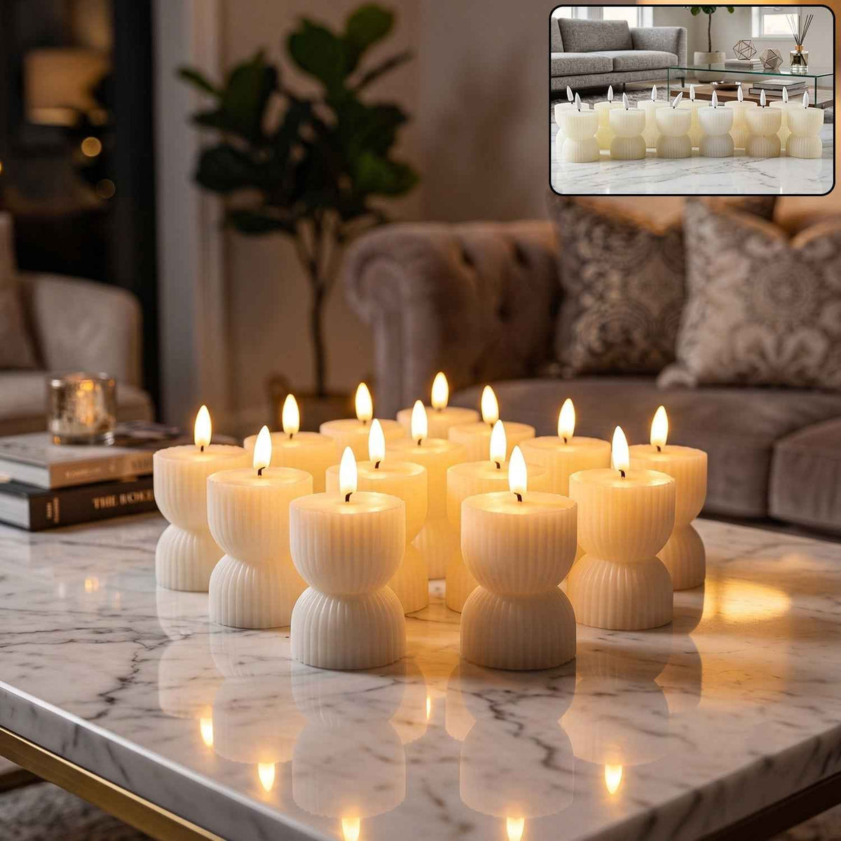 Flameless Led Decorative Candle Set Realistic Flame Ribbed Design (12 Pc)
