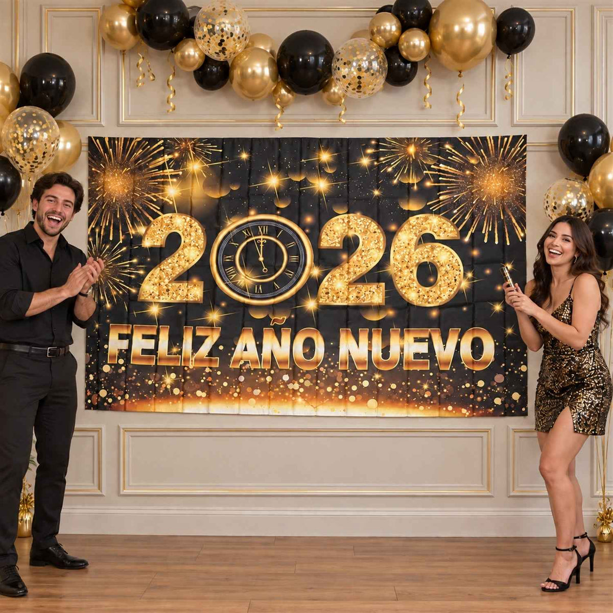 2026 New Year Party Backdrop Curtain Black And Gold (210x150 Cm)