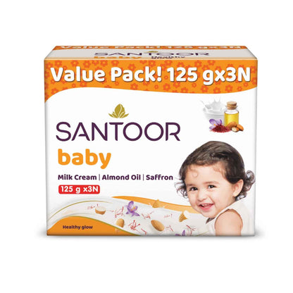 Santoor Baby Bathing Bar Soap with Milk Cream, Saffron, & Almond Oil for Soft & Supple Skin 125gx3