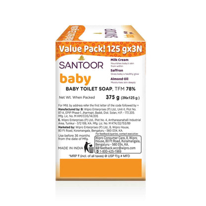 Santoor Baby Bathing Bar Soap with Milk Cream, Saffron, & Almond Oil for Soft & Supple Skin 125gx3