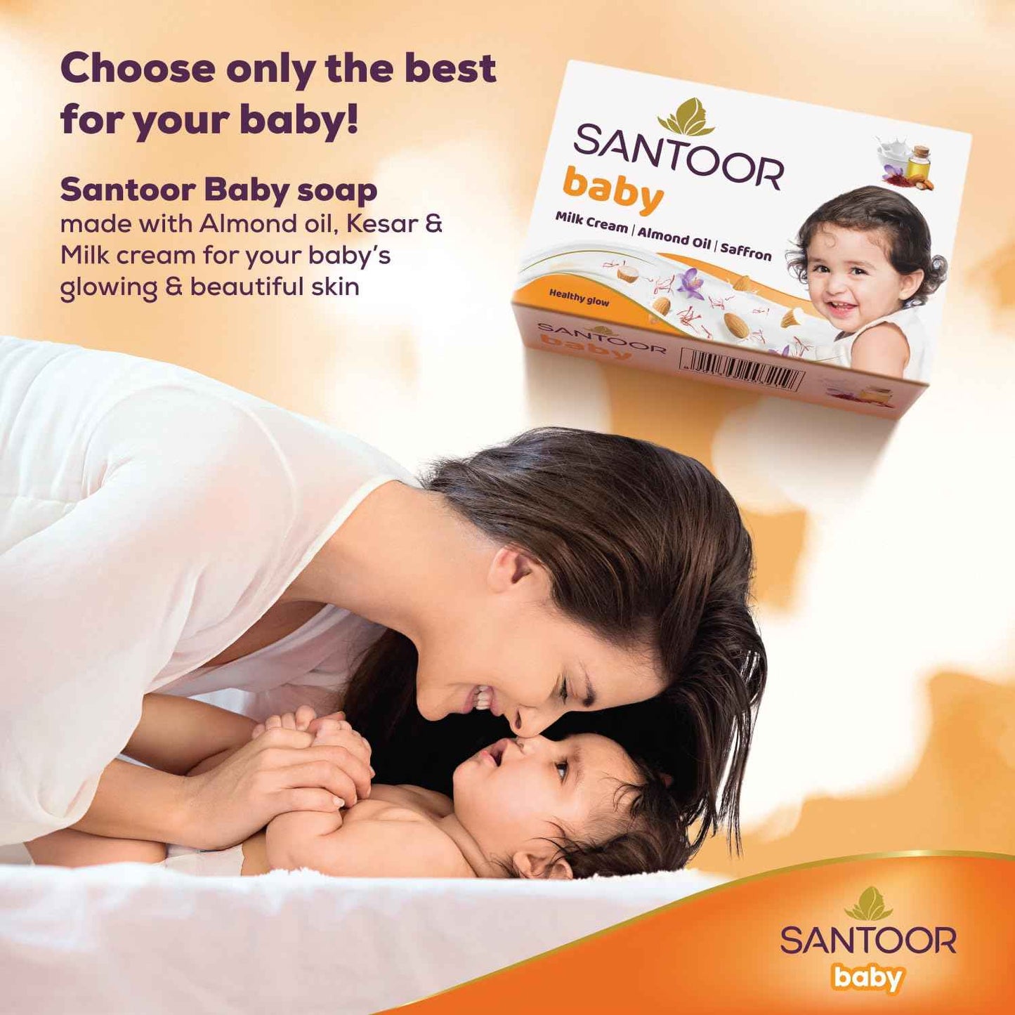 Santoor Baby Bathing Bar Soap with Milk Cream, Saffron, & Almond Oil for Soft & Supple Skin 125gx3