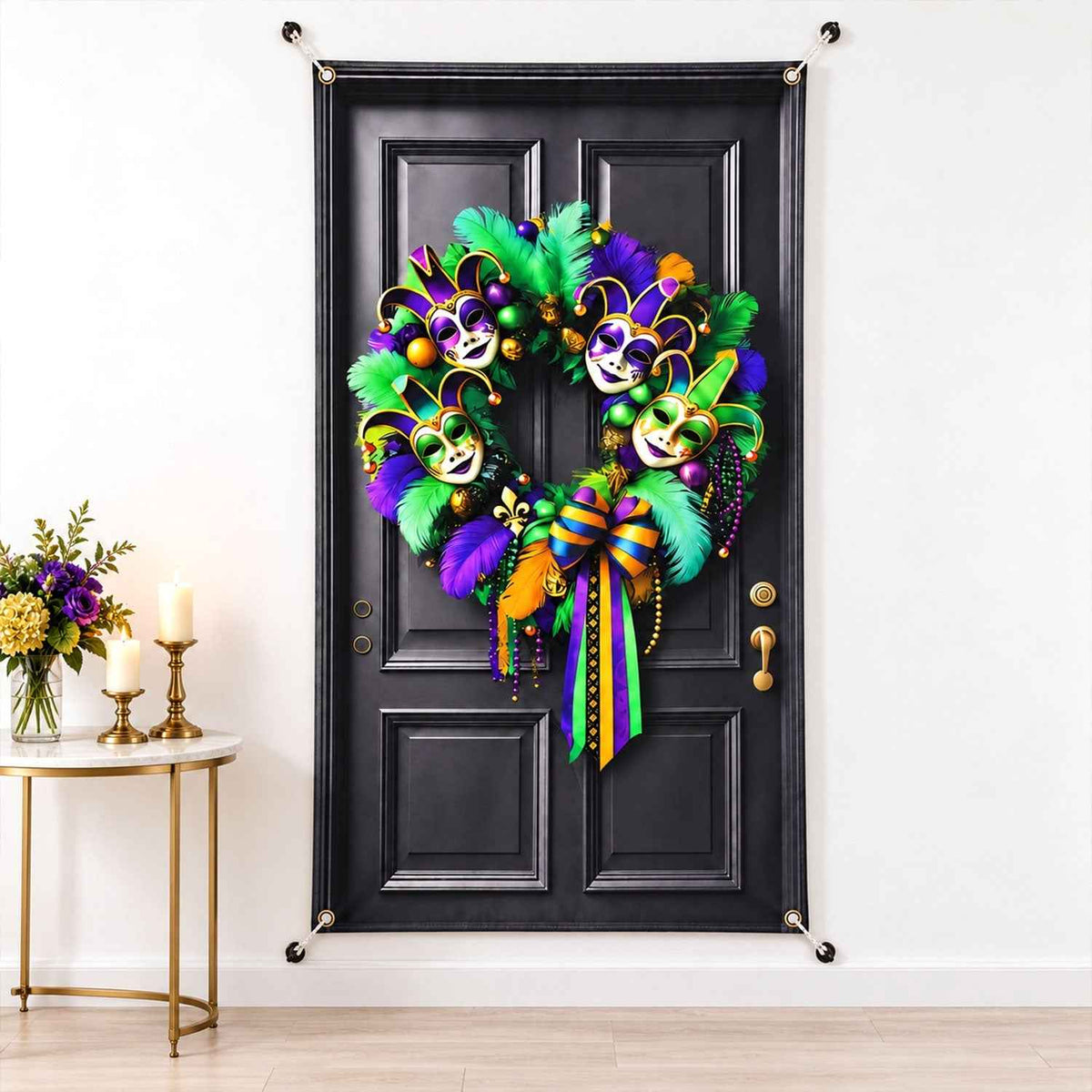 Mardi Gras Door Backdrop Curtain With Printed Wreath For Party Decor (210x110 Cm)