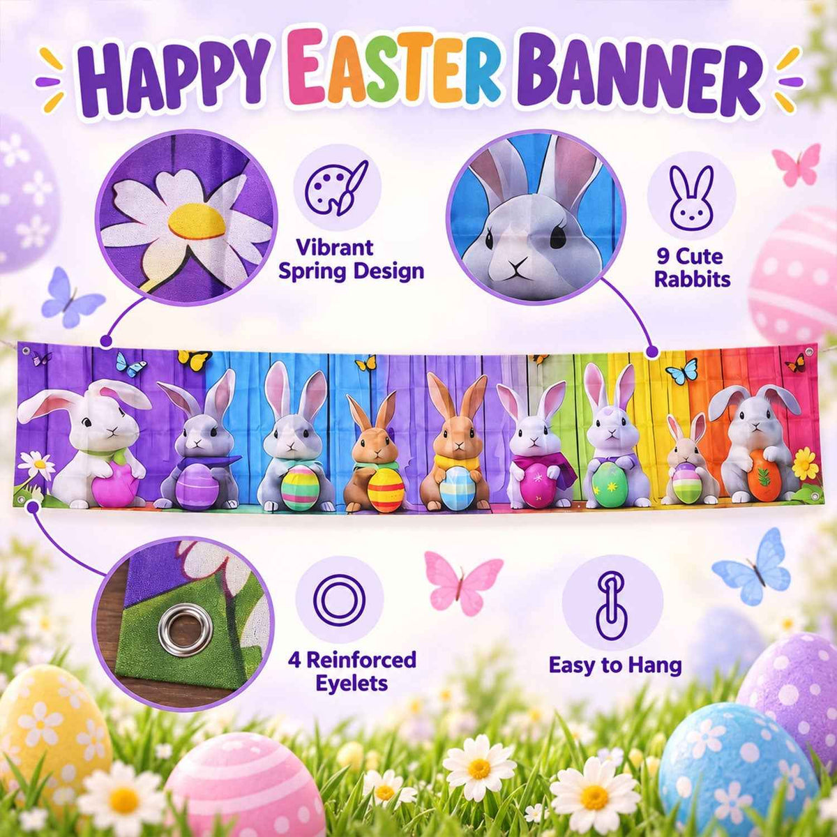 Easter Bunny Backdrop Curtain For Spring Party And Fence Decoration (300x50 Cm)