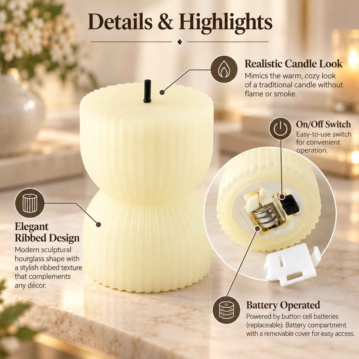 Hourglass Ribbed Flameless Led Candles For Festive Home Decor (6 Pc Set)