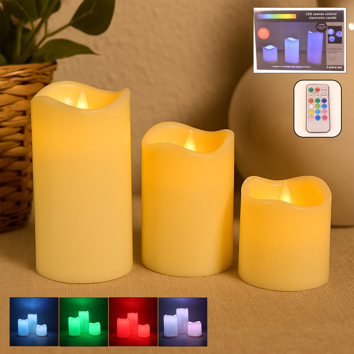 Premium 3 Piece Led Flameless Candle Set With Remote Control