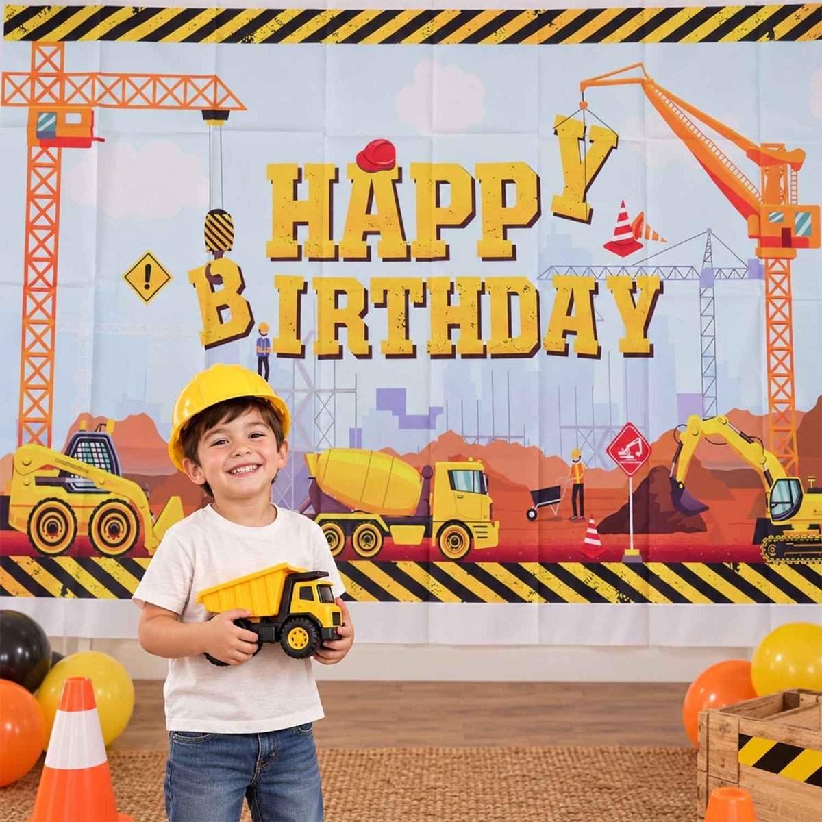 Construction Theme Happy Birthday Backdrop Curtain For Kids Parties (150x100 Cm)