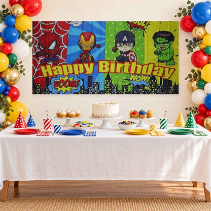 Kids Birthday Party Backdrop Curtain With Cartoon Hero Print (265x117 Cm)