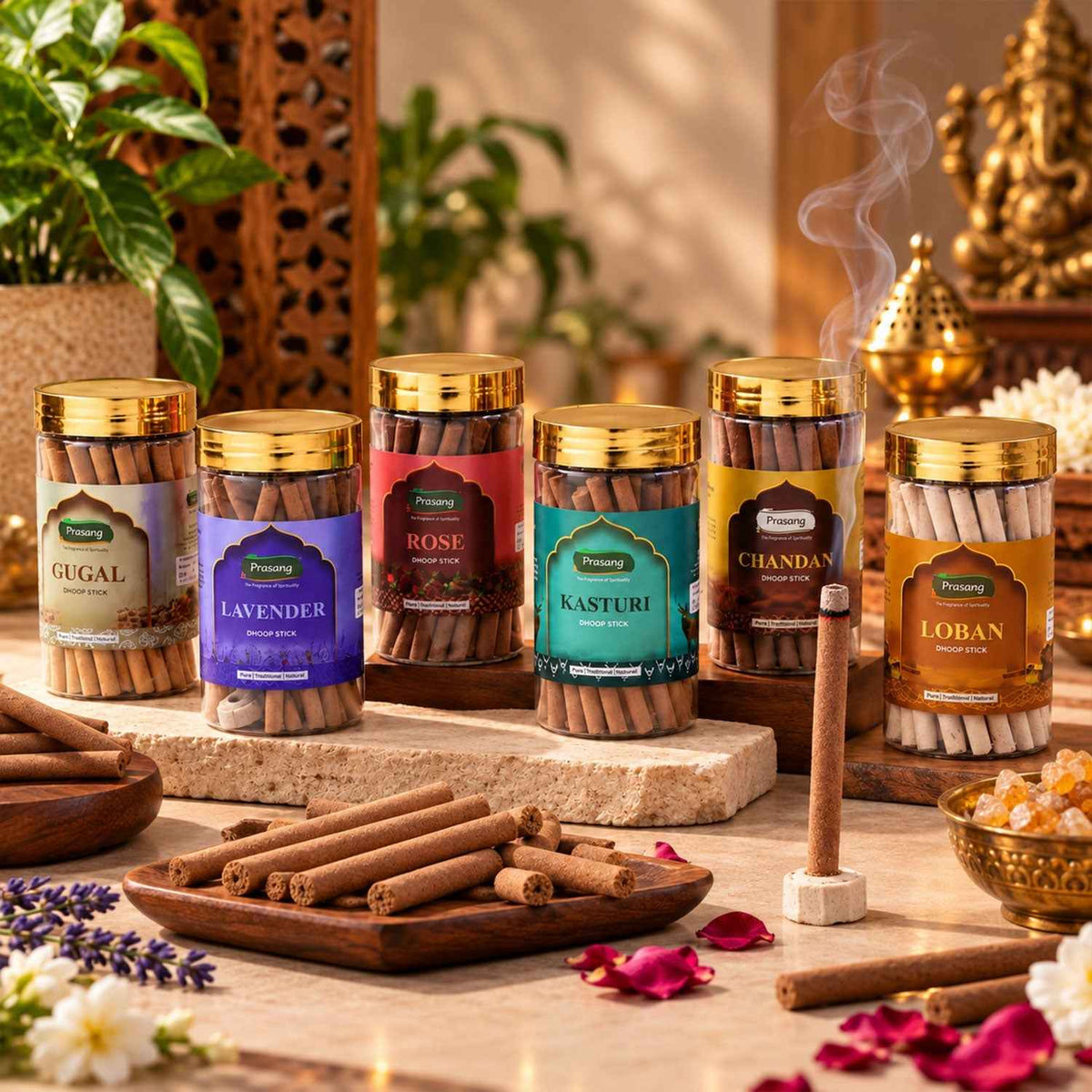 Assorted Fragrance Dhoop Sticks Jar Combo For Daily Puja (6 In 1 100 Gm Each)