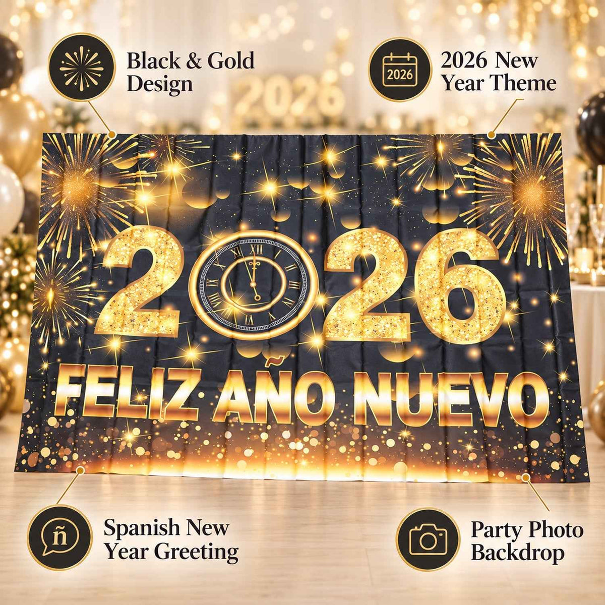 2026 New Year Feliz Ao Nuevo Backdrop Curtain For Party Wall Decor (180x120 Cm)