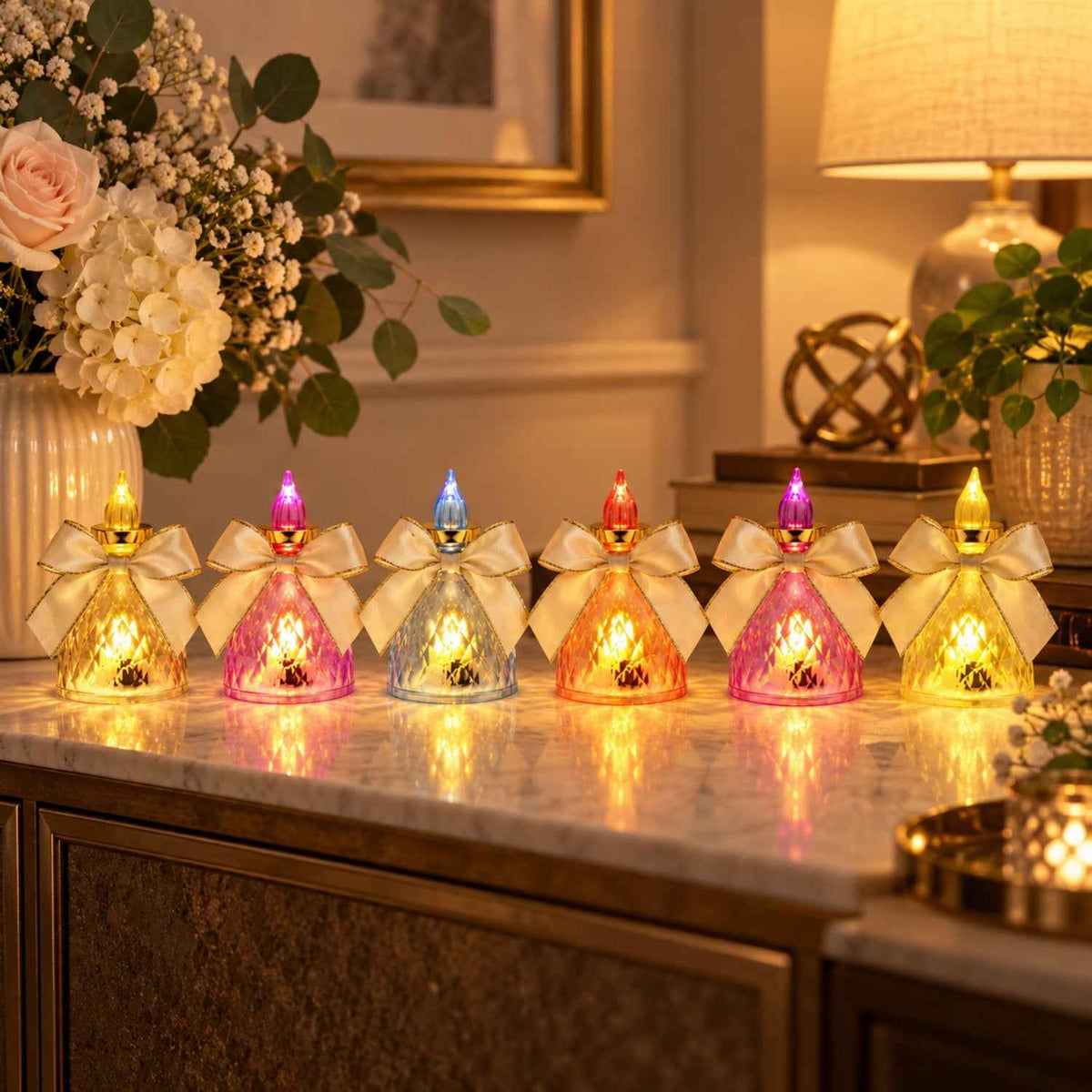 Decorative Flameless Led Candle Lights With Bow For Home Decor (6 Pc Set)