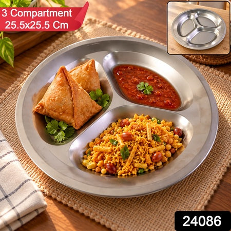 Stainless Steel 3 Compartment Plate For Meals And Snacks (1 Pc 25.5 X 25.5 Cm)