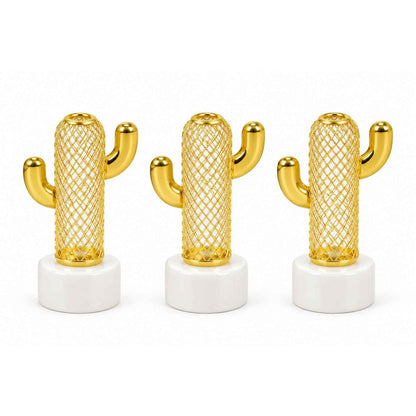 Gold Tone Cactus Flameless Led Candle Lights For Tabletop Decor (3 Pc Set)