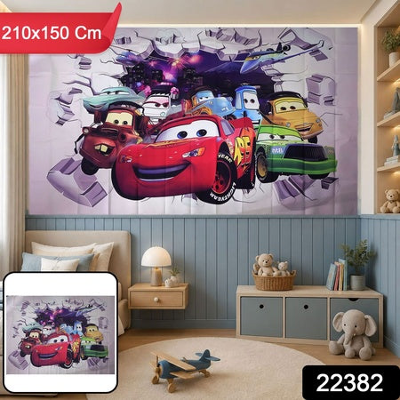 Cartoon Racing Car Backdrop Curtain For Kids Room And Party Decor (210x150 Cm)