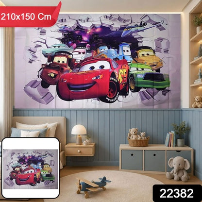 Cartoon Racing Car Backdrop Curtain For Kids Room And Party Decor (210x150 Cm)