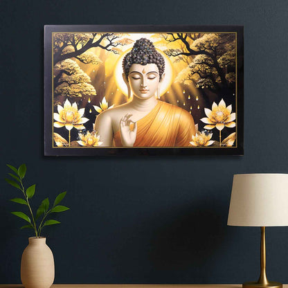 Decorative Lord Buddha Wall Painting With Wooden Frame Mix Design 45x30 Cm Approx (1 Pc)