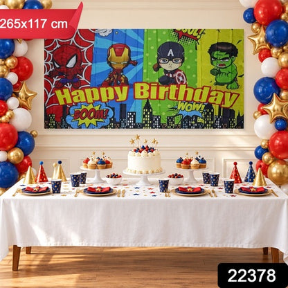 Kids Birthday Party Backdrop Curtain With Cartoon Hero Print (265x117 Cm)
