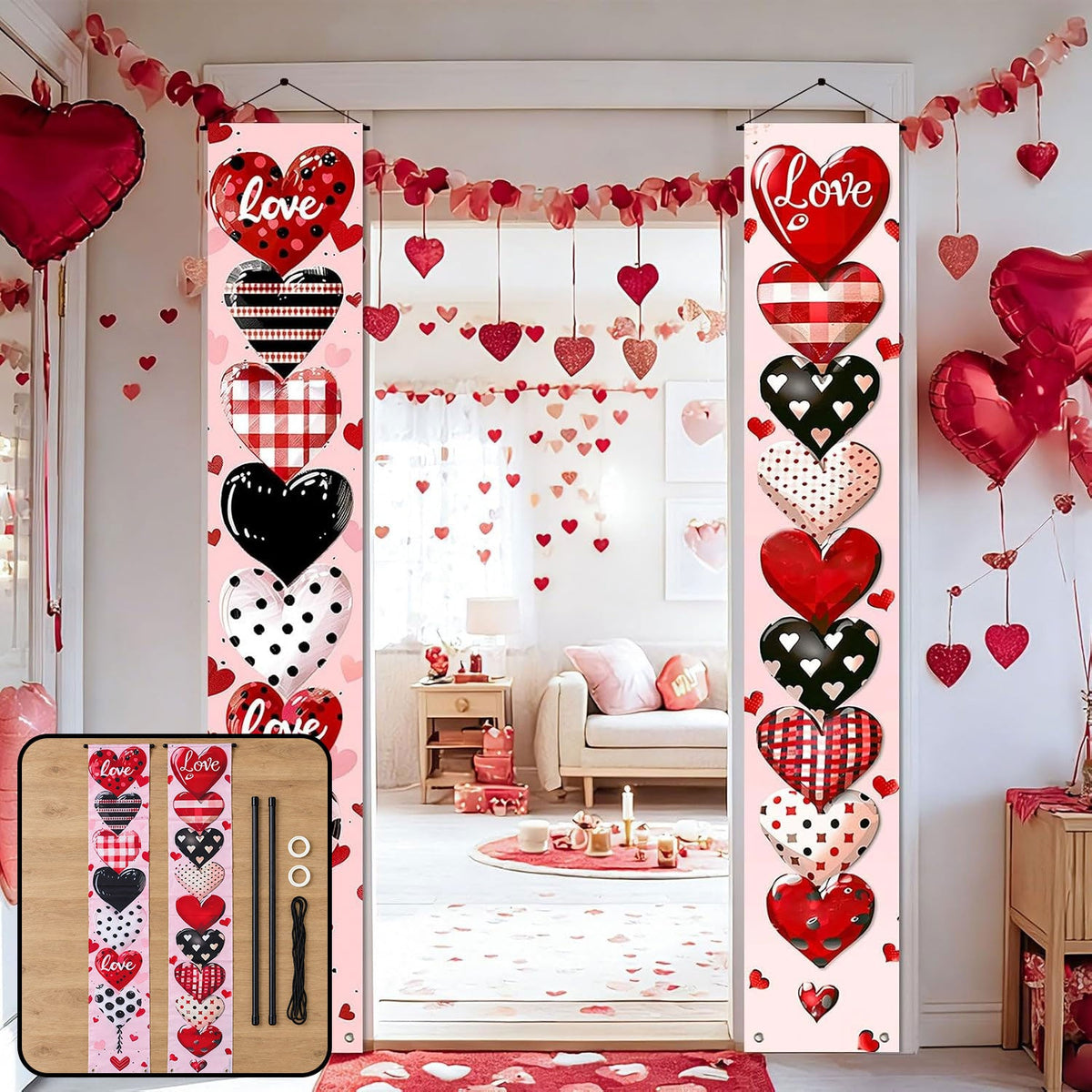Love Heart Printed Door Hanging Backdrop Curtains Decoration (2 Pc 180x30 Cm)