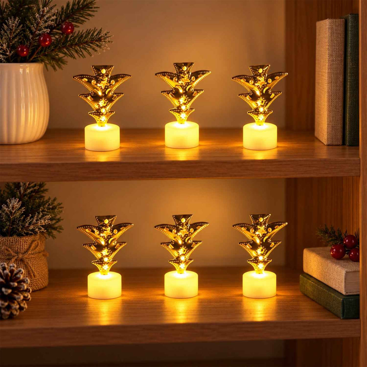 Golden Tree Flameless Led Tealight Candles For Festive Home Decor (6 Pc Set)